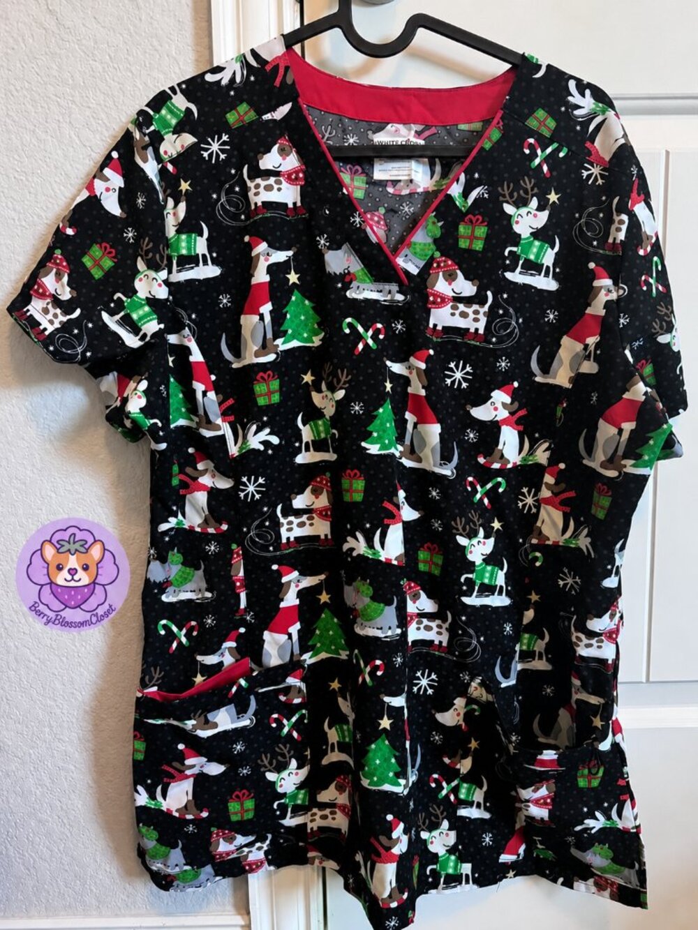 White Cross Christmas Dog Scrub Top Holiday Veterinary Nurse Groomer - Size L